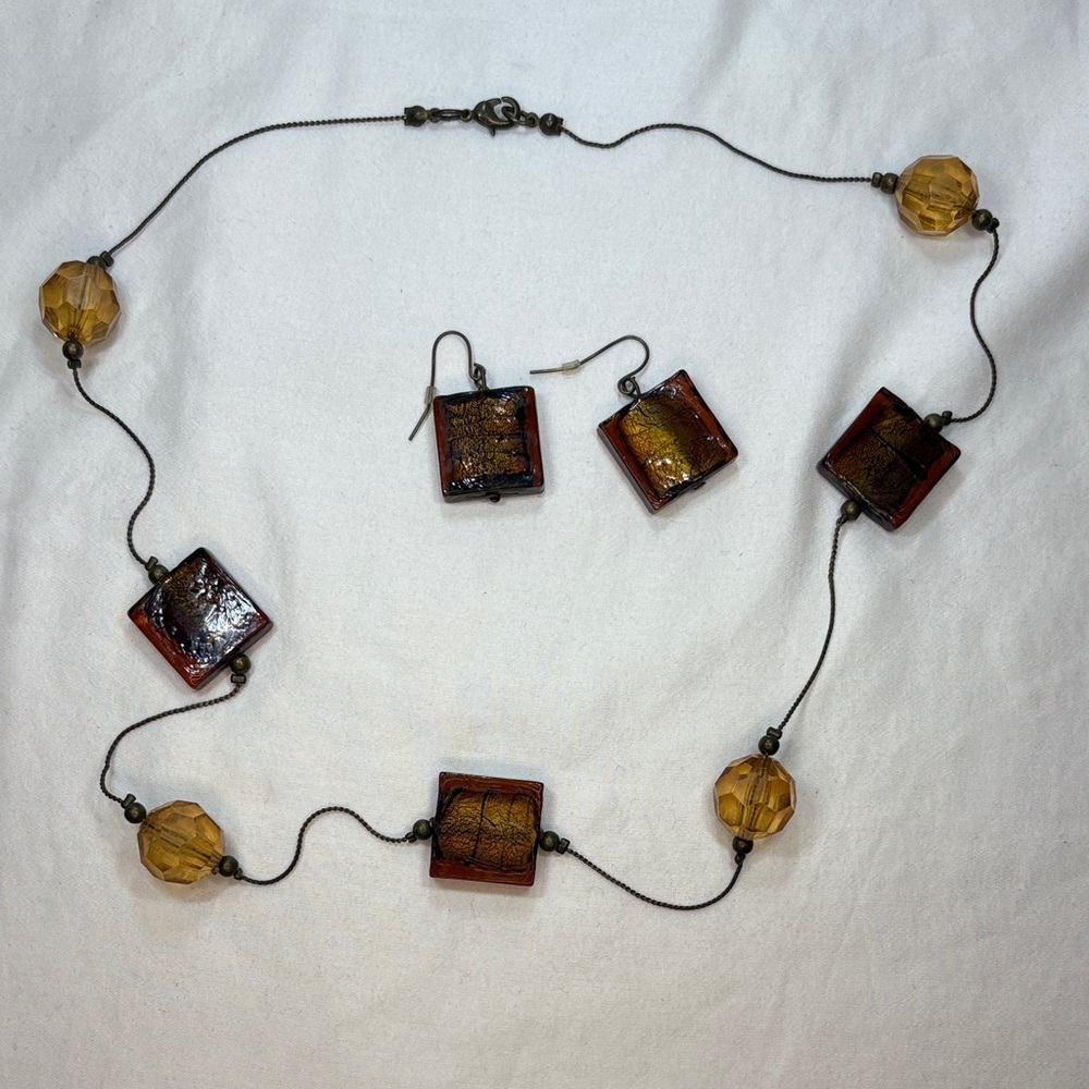 🌺SALE 5 for $20🌺Elegant Amber Art Glass and Beaded Necklace/ Earring  Set